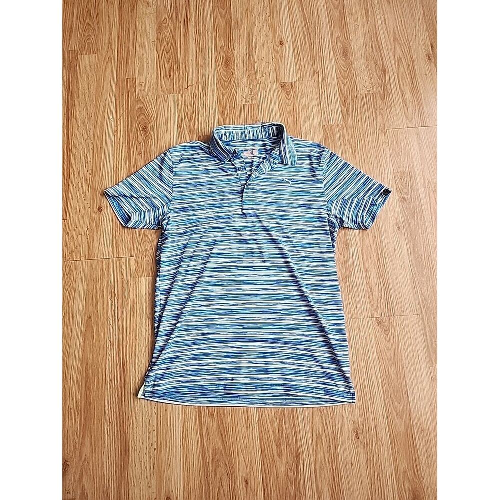PUMA Golf Polo Mens L Blue Stripe Activewear Performance Workwear Preppy Casual